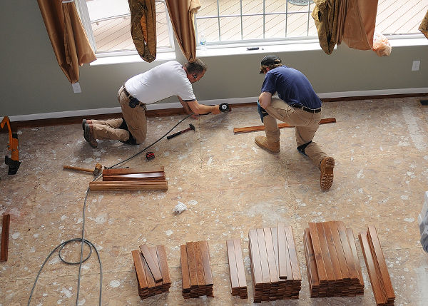 Hardwood installation in progress